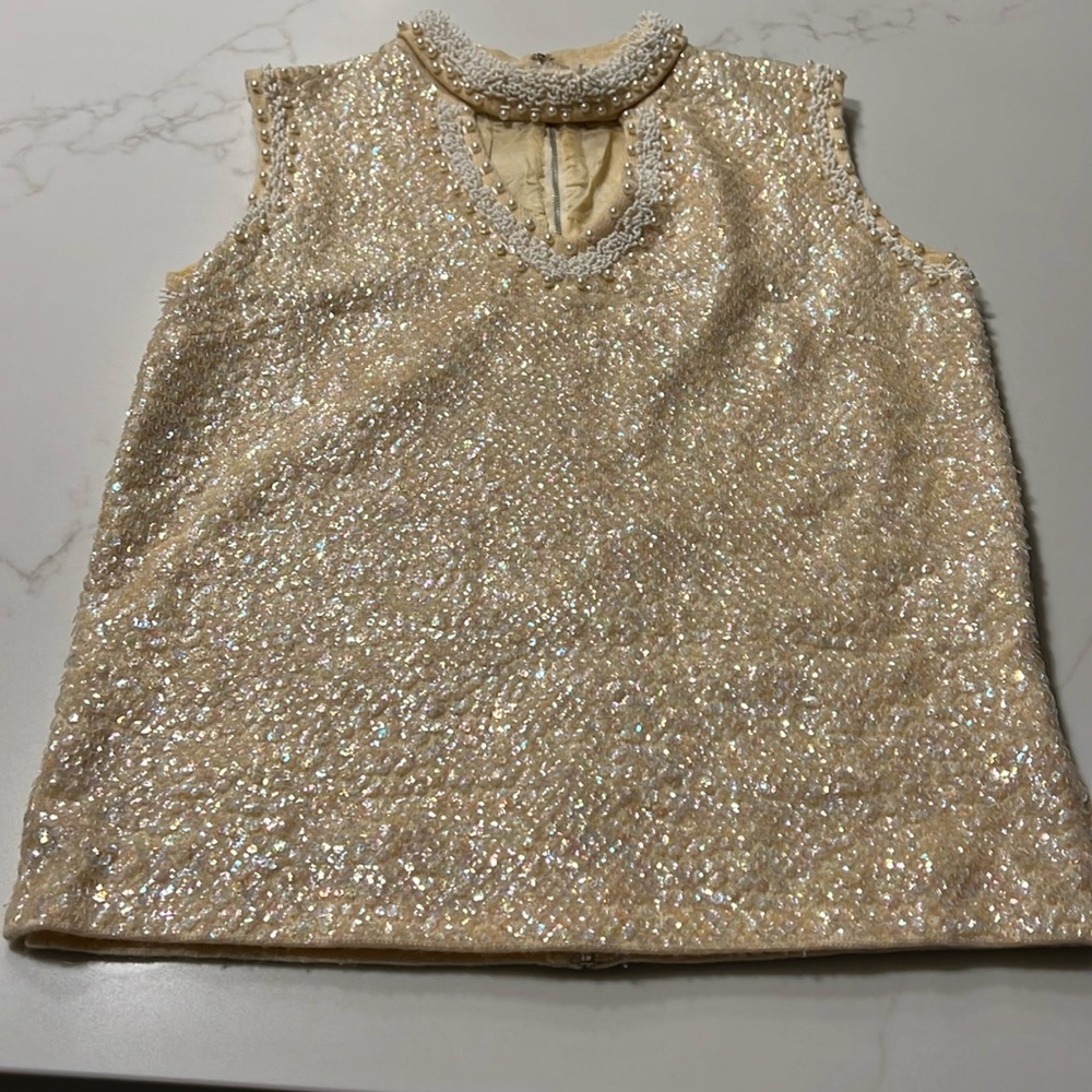 Bonwit Teller Vintage Fully Lined Sleeveless Sequin & Bead Top Full Zip | Sz 10